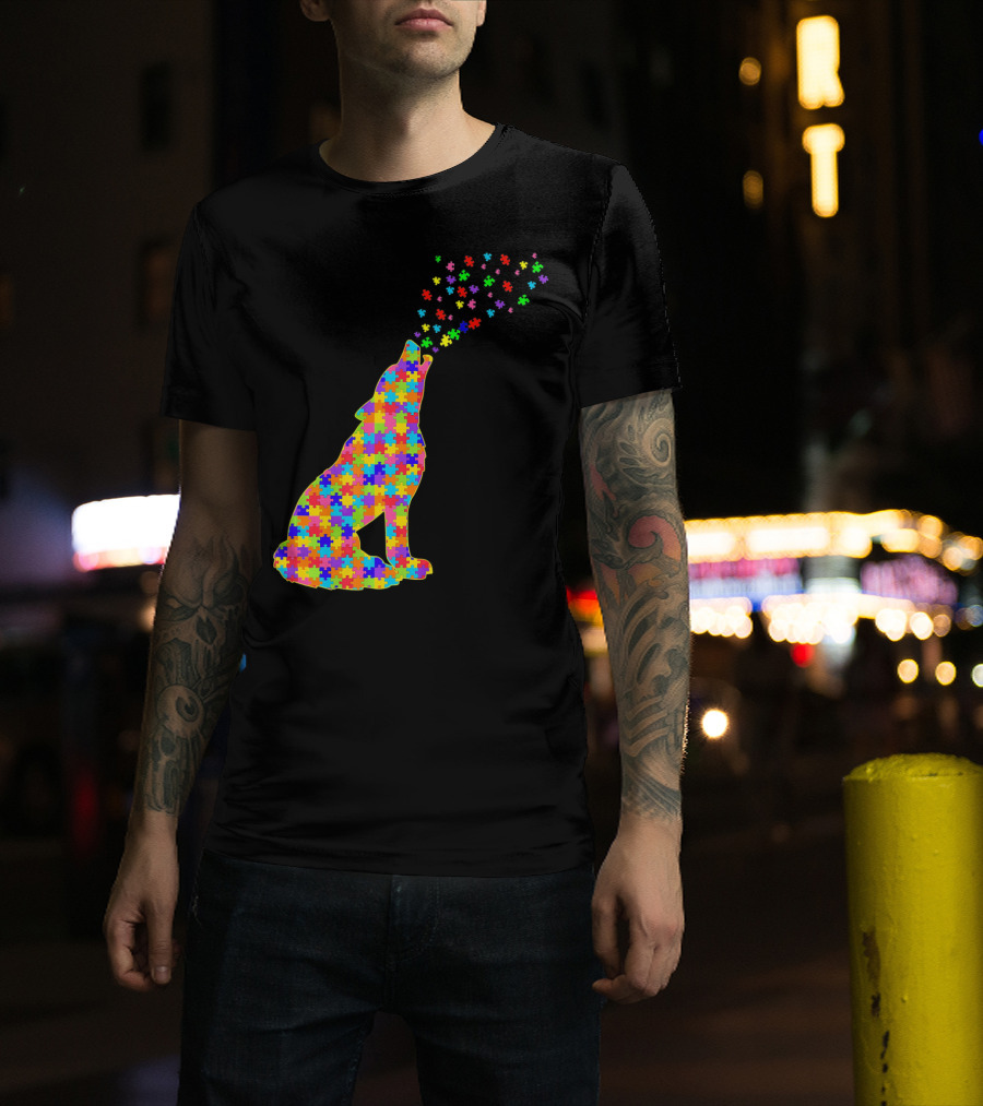 Wolf Puzzle Autism Awareness Puzzle Pieces T-Shirt