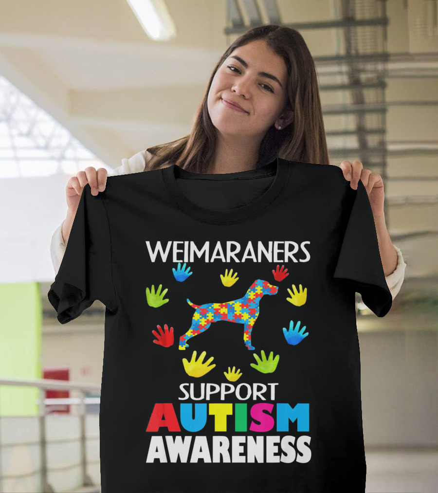 Weimaraners Support Autism Awareness Puzzle Piece Dog With Colorful Hands T-Shirt