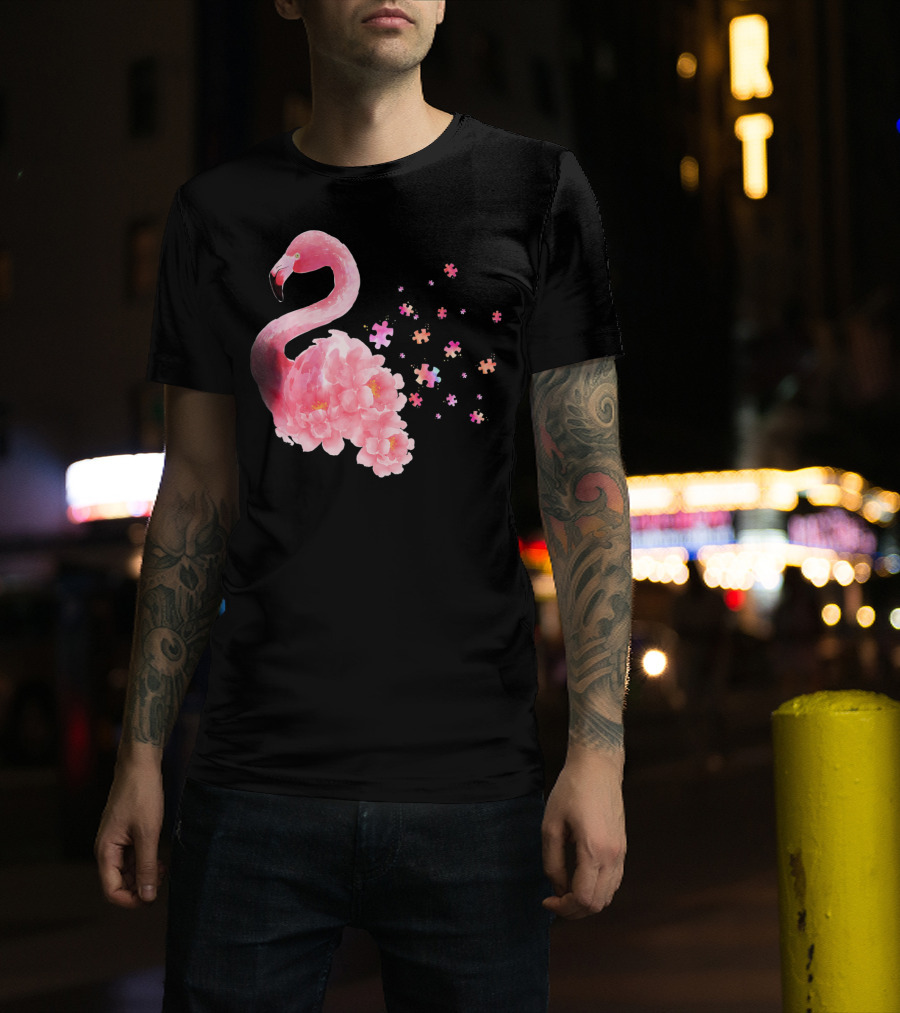 Flamingo Puzzle Autism Awareness Floral Elements T-Shirt
