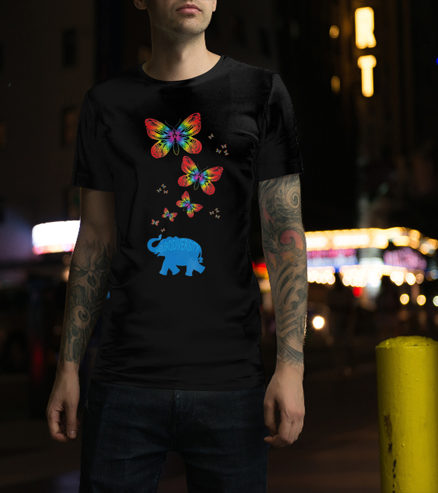 Neurodiversity Autism Elephant With Rainbow Butterflies T-Shirt