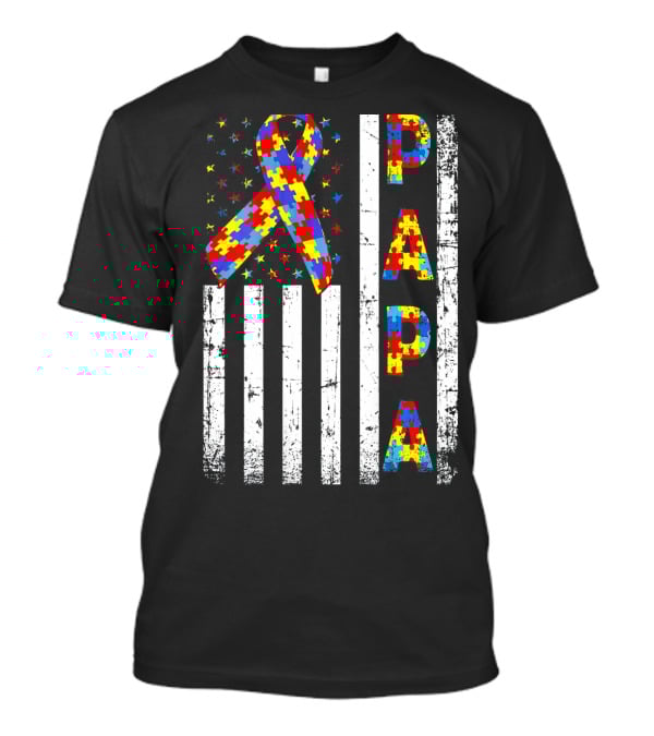 Papa Autism Awareness Puzzle Ribbon USA Flag T-Shirt