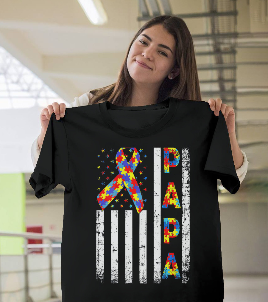 Papa Autism Awareness Puzzle Ribbon USA Flag T-Shirt