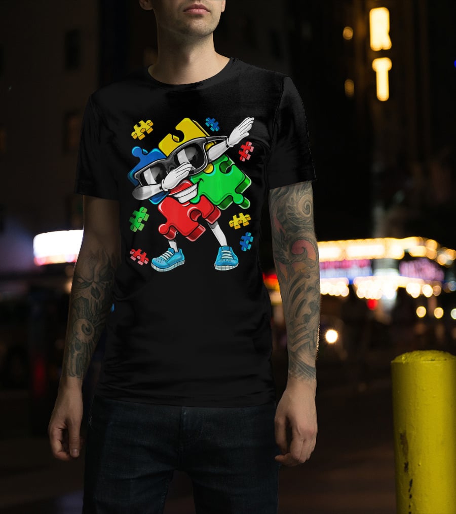 Autism Awareness Cool Dabbing Puzzle Piece Character T-Shirt