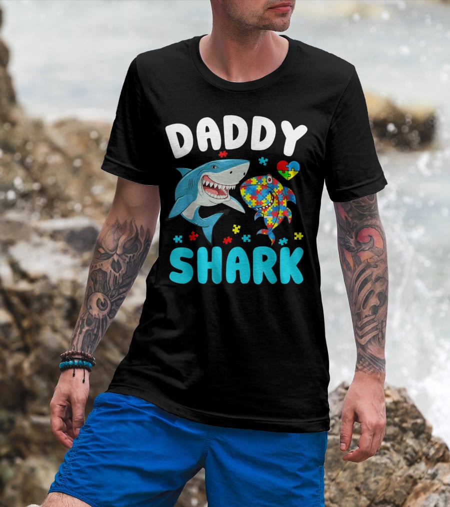 Daddy Shark Autism Awareness Puzzle Heart T-Shirt