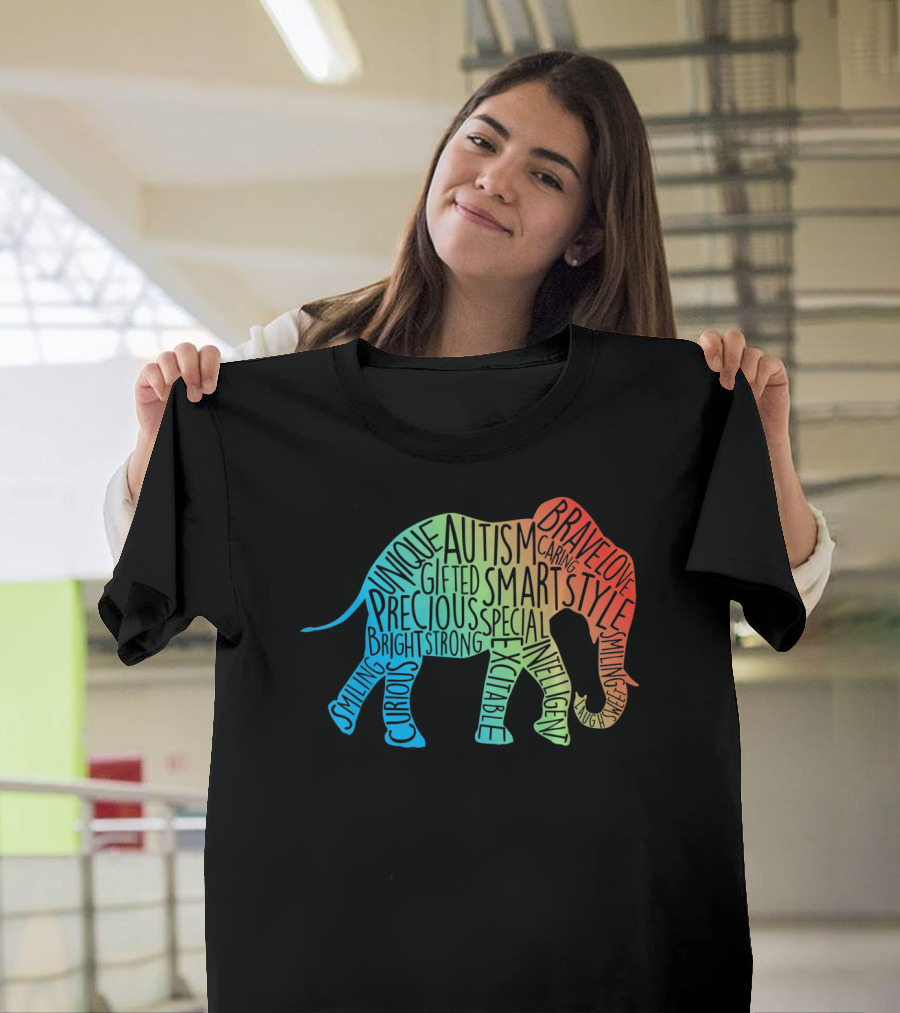Autism Awareness Elephant Collage Brave Unique Precious Bright Smart Strong T-Shirt