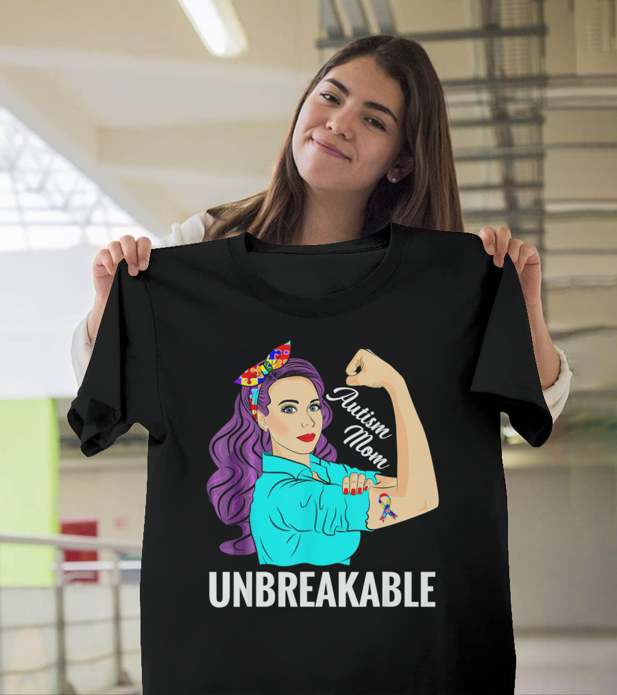 Autism Mom Unbreakable Awareness Rosie The Riveter With Puzzle T-Shirt