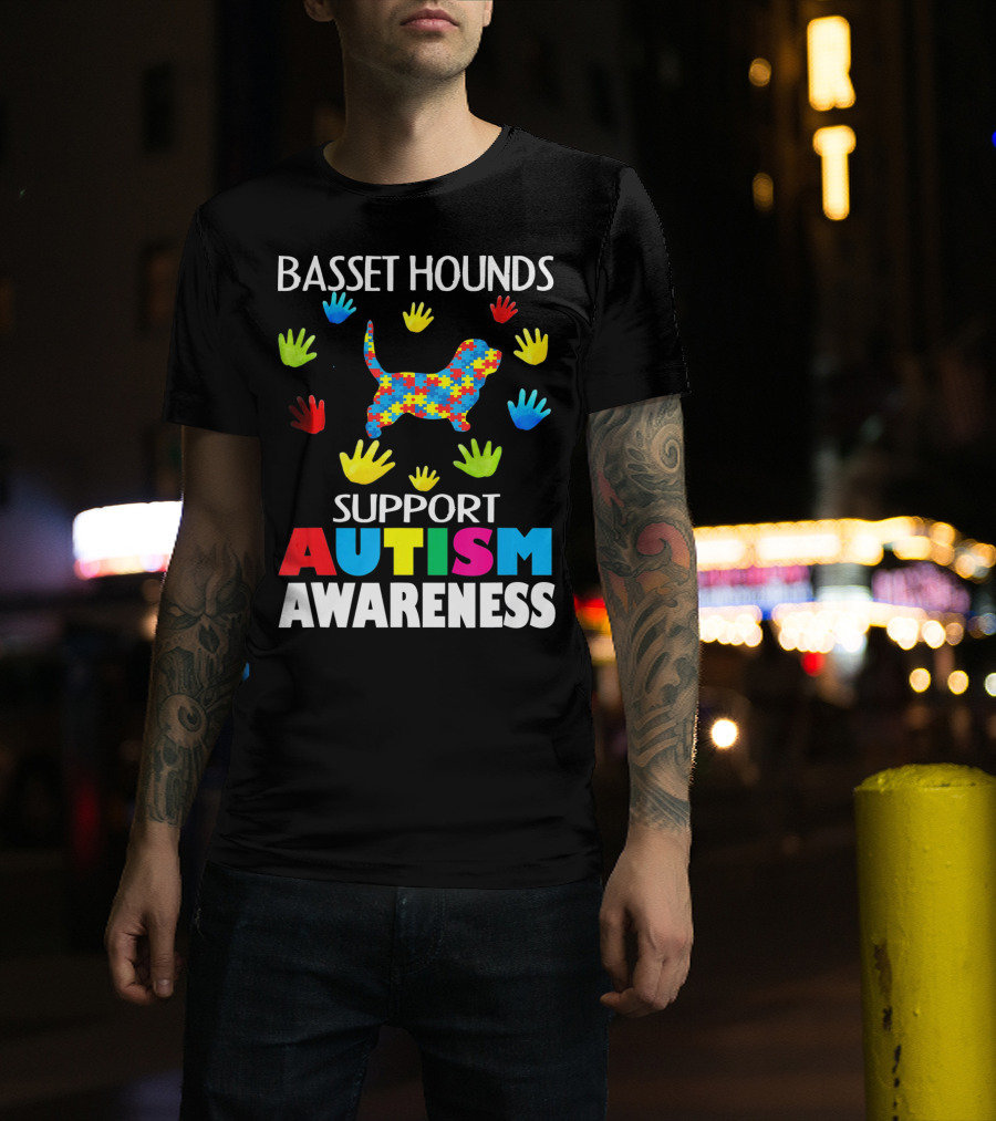 Basset Hounds Support Autism Awareness Puzzle Pattern Hands T-Shirt