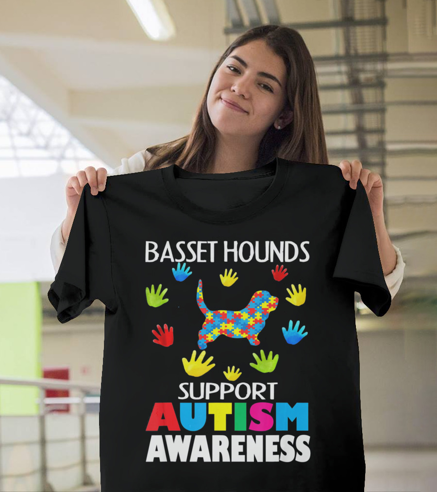 Basset Hounds Support Autism Awareness Puzzle Pattern Hands T-Shirt