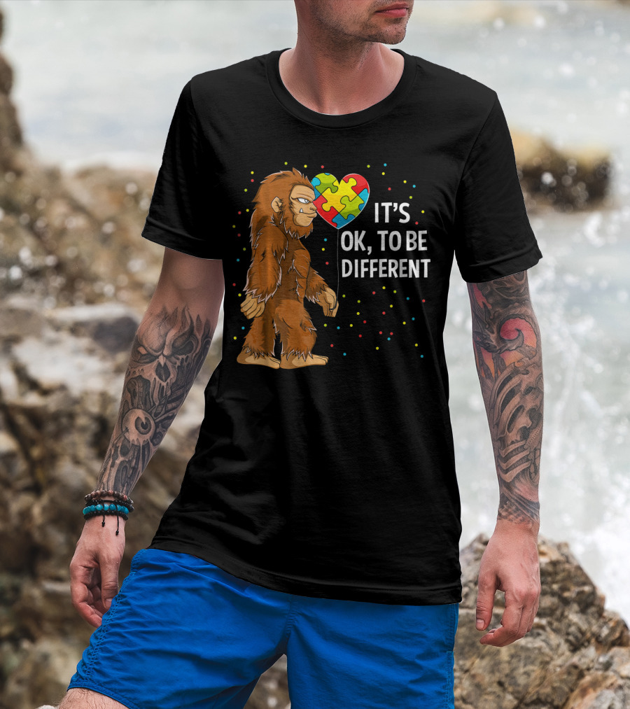 Autism Awareness Bigfoot Heart Puzzle It's OK To Be Different T-Shirt