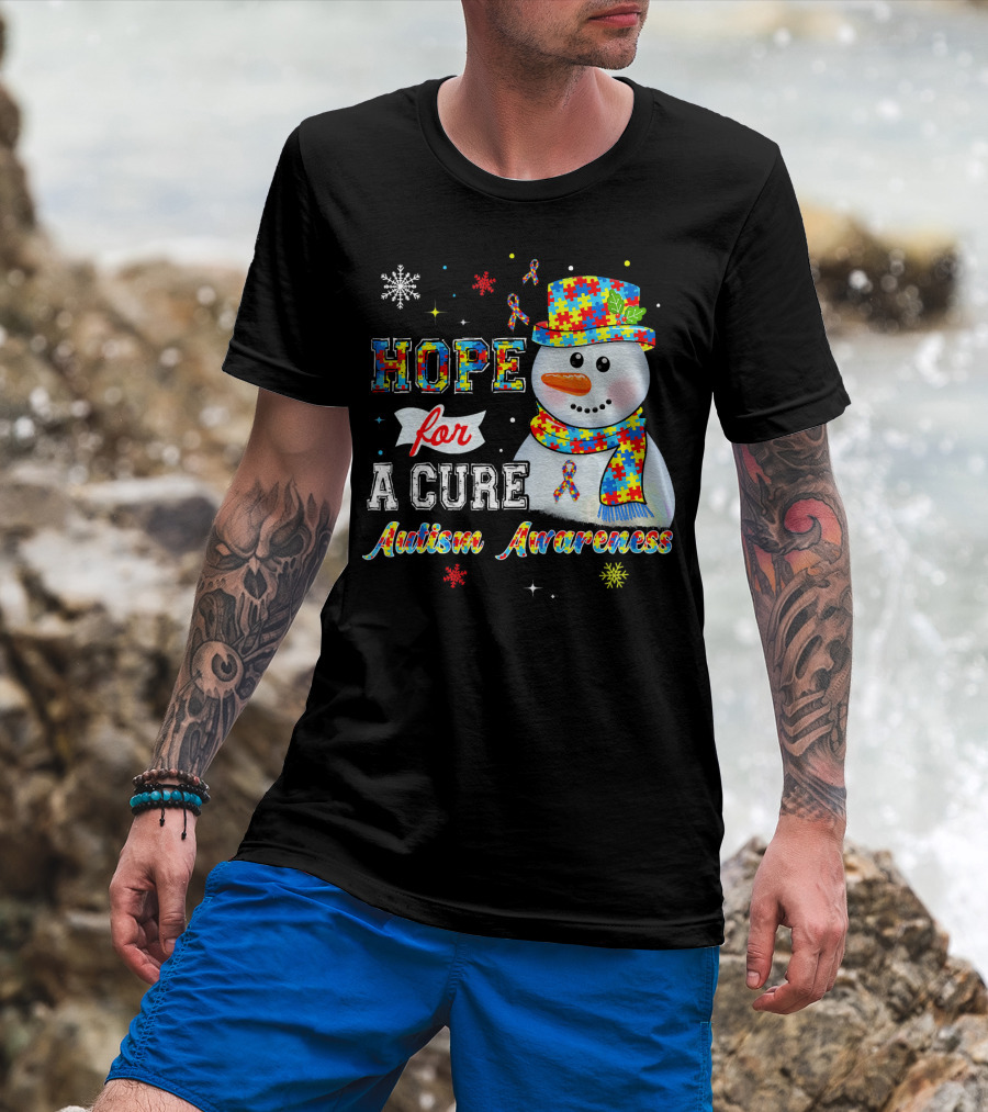 HOPE FOR A CURE Autism Awareness Snowman Puzzle T-Shirt