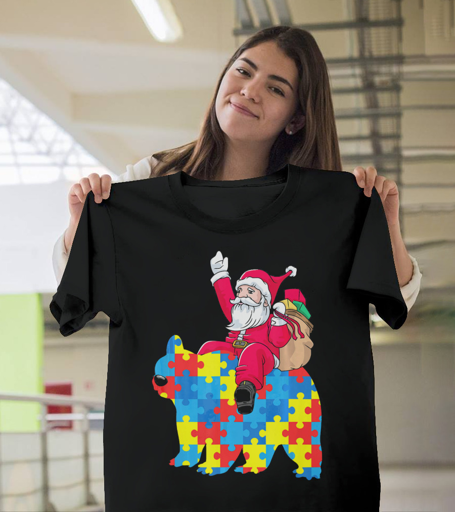 Santa Claus Riding Puzzle Piece Bear Autism Awareness T-Shirt