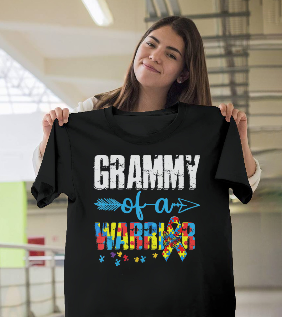 Grammy Of A Warrior Autism Awareness Puzzle Piece T-Shirt