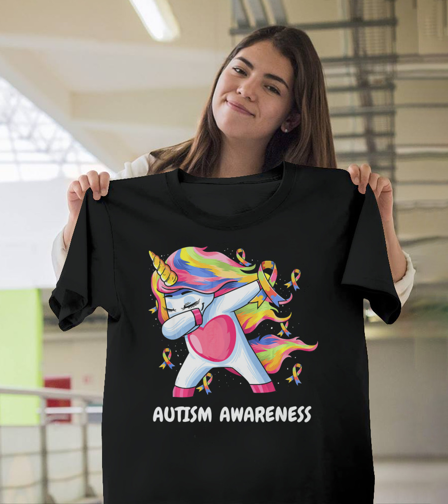Autism Awareness Dabbing Rainbow Unicorn With Puzzle T-Shirt