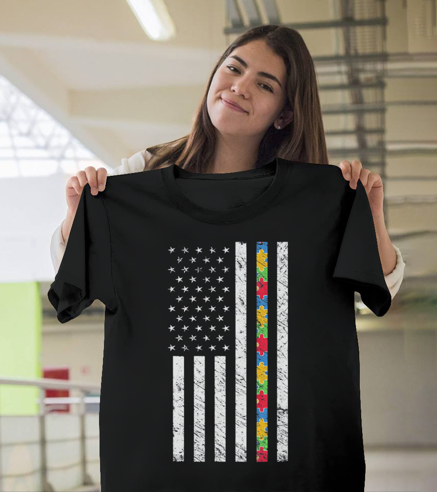 Autism Awareness American Flag Puzzle Piece T-Shirt
