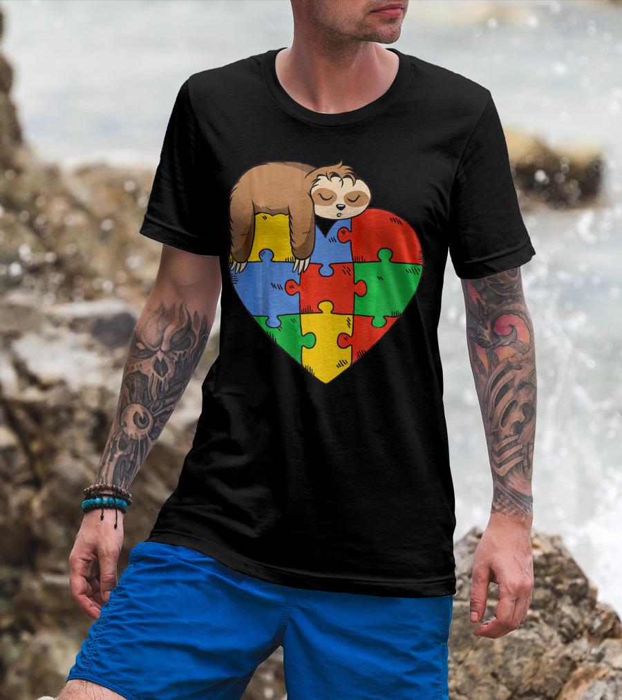 Cute Sloth Heart Puzzle Autism Parents Autistic Child T-Shirt
