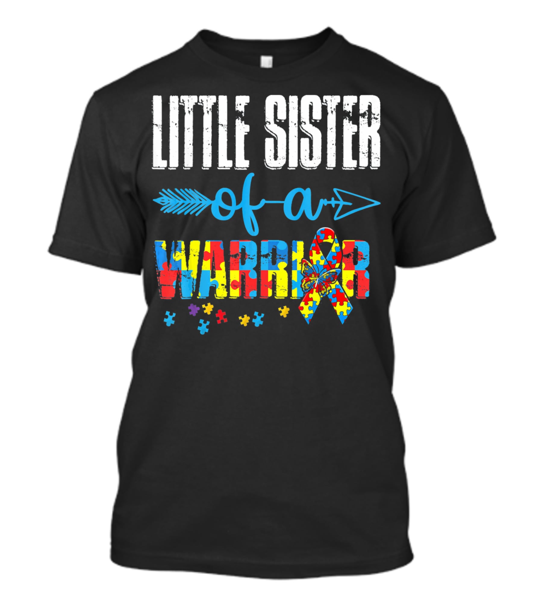 Little Sister Of A Warrior Autism Awareness Ribbon Puzzle Pieces T-Shirt