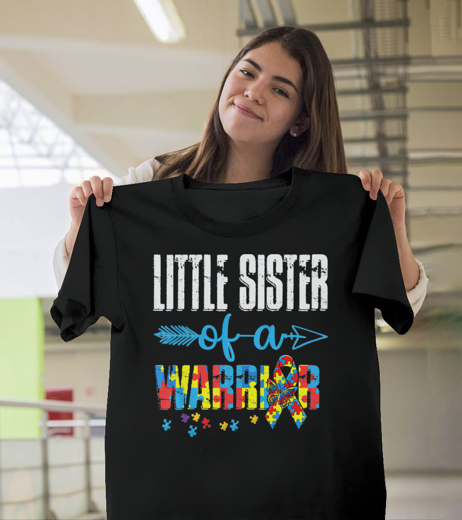 Little Sister Of A Warrior Autism Awareness Ribbon Puzzle Pieces T-Shirt