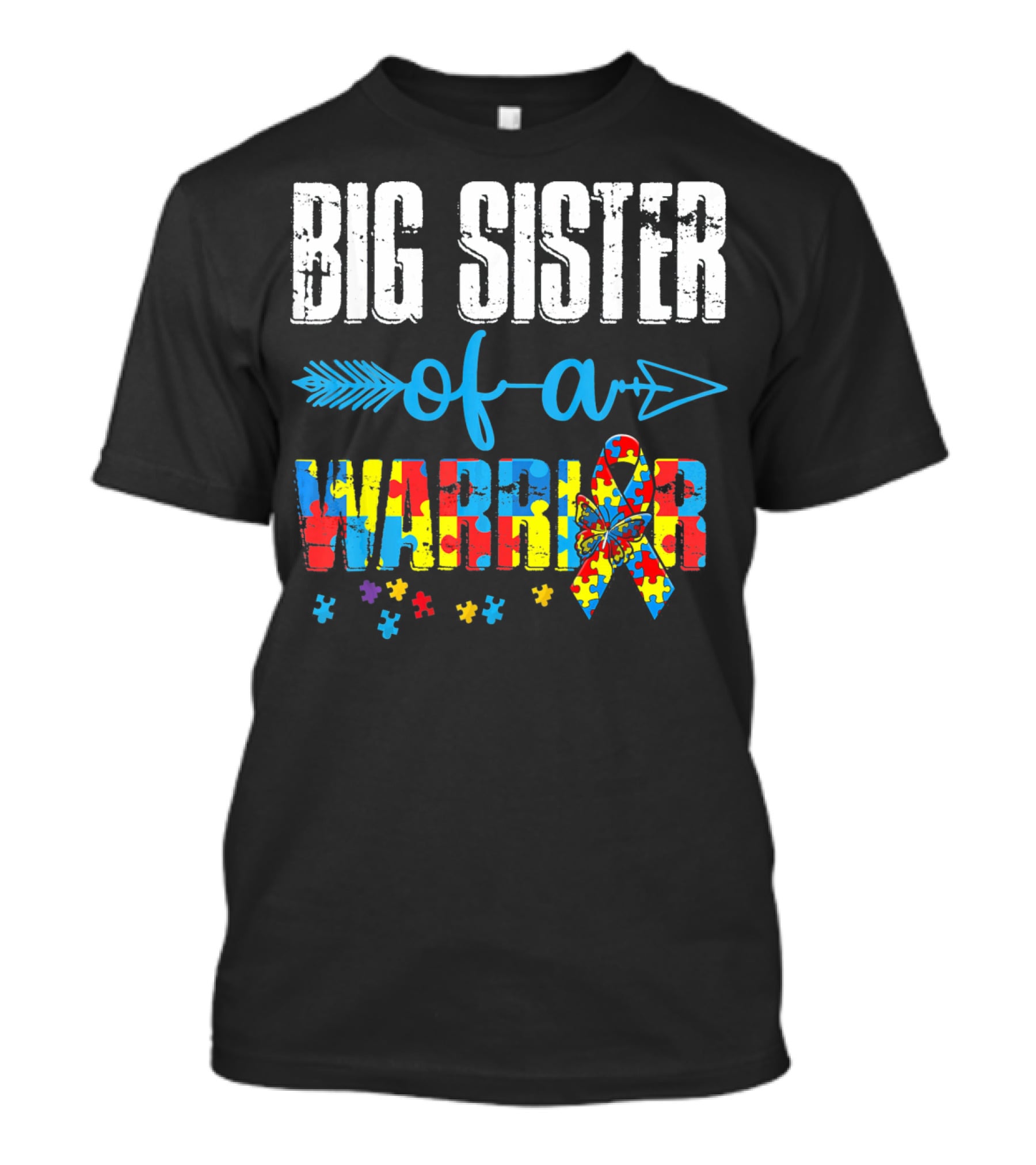 Big Sister Of A Warrior Autism Awareness Puzzle Ribbon And Butterfly T-Shirt