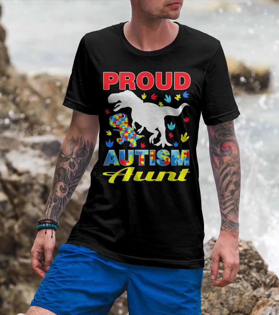Proud Autism Aunt Dinosaur Puzzle T-Shirt