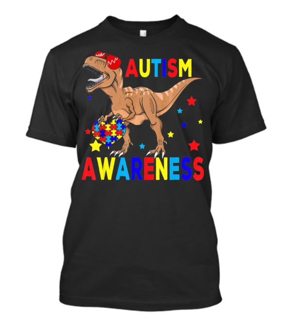 Cool Rex Dino Autism Awareness Puzzle Heart And Stars T-Shirt