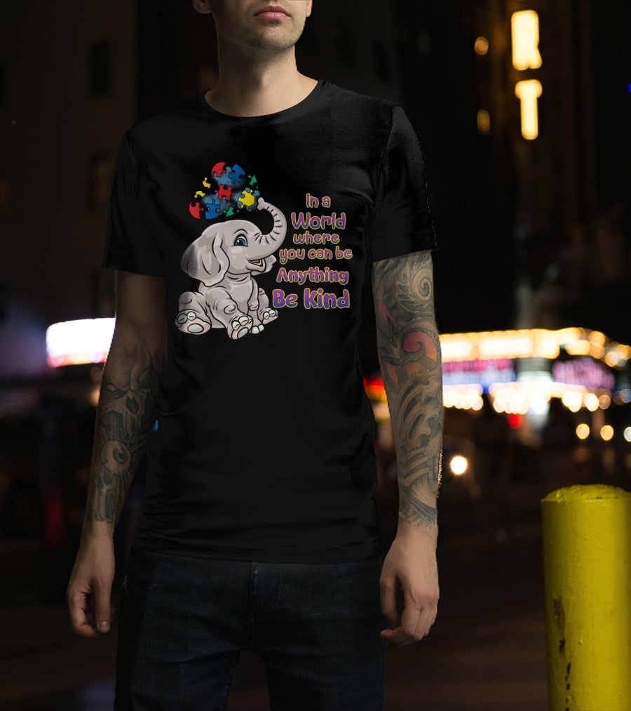 In A World Where You Can Be Anything Be Kind Elephant Puzzle Autism Awareness T-Shirt