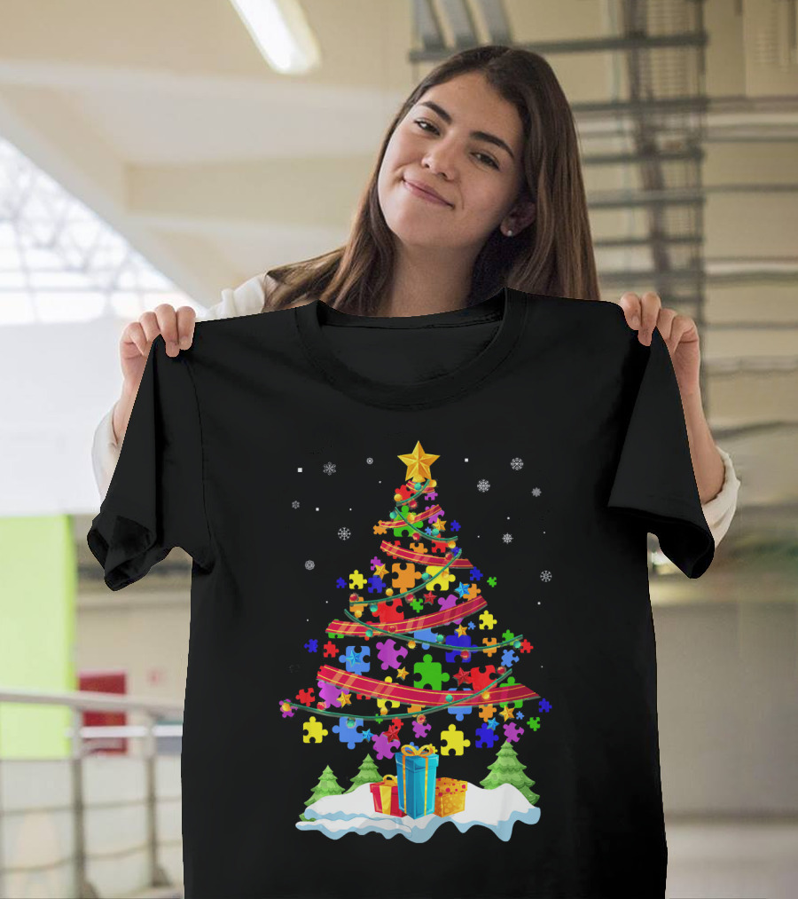 Autism Christmas Tree Puzzle Pieces And Gifts Festive T-Shirt