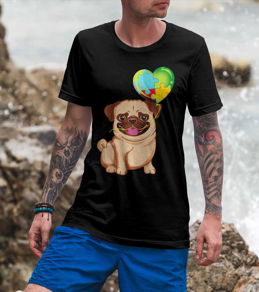 Autism Awareness Pug Puppy Heart Puzzle Balloon T-Shirt