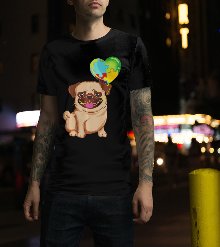 Autism Awareness Pug Puppy Heart Puzzle Balloon T-Shirt