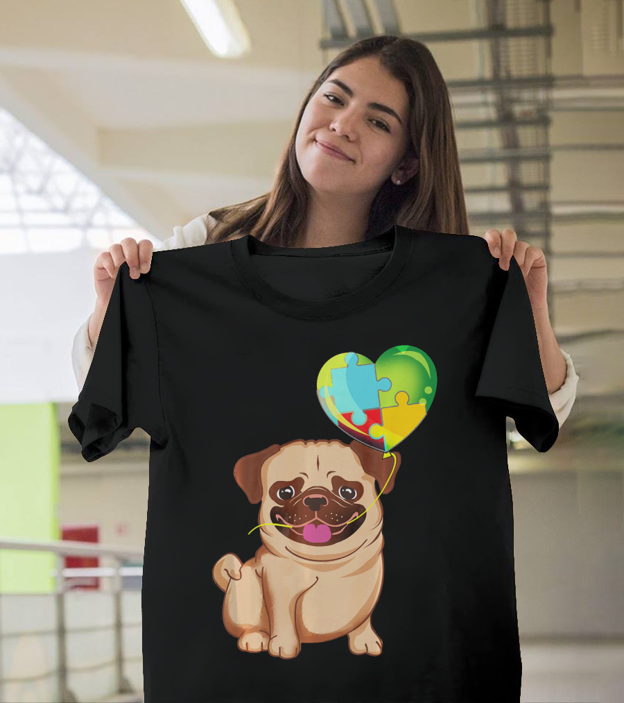 Autism Awareness Pug Puppy Heart Puzzle Balloon T-Shirt