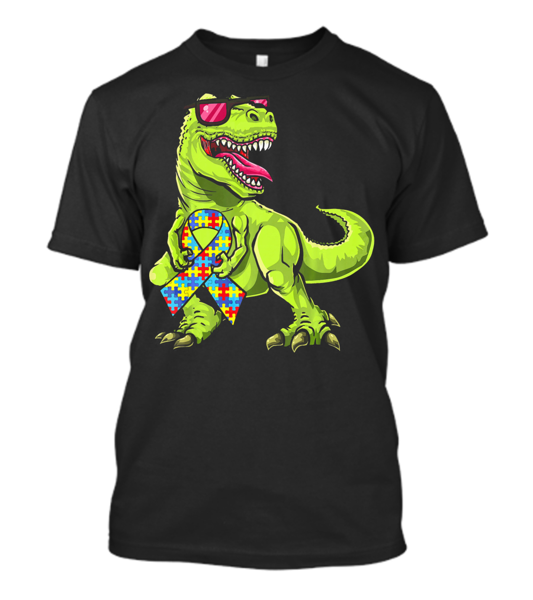 Dinosaur Rex With Autism Awareness Puzzle Ribbon And Sunglasses T-Shirt