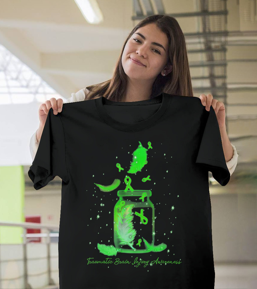 Traumatic Brain Injury Awareness Dream Jar with Green Ribbons and Feathers T-Shirt