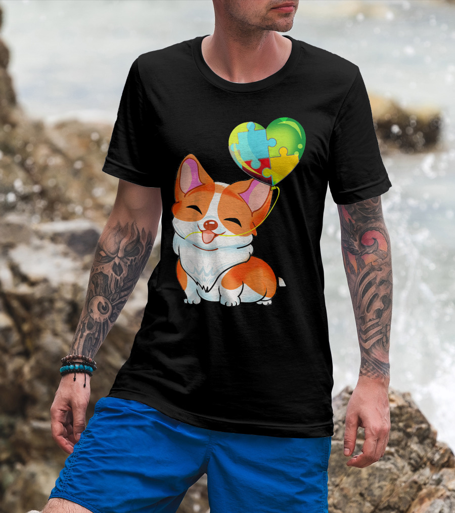 Autism Awareness Corgi Puppy With Heart Balloon Puzzle T-Shirt