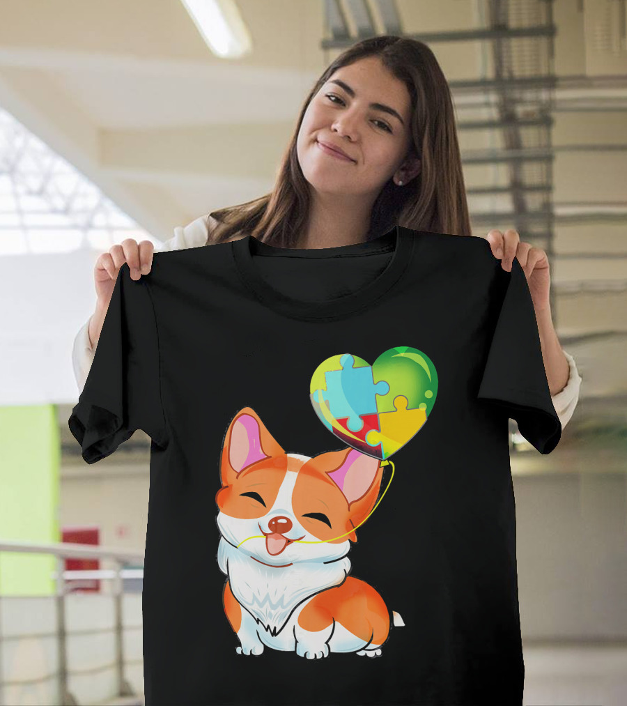 Autism Awareness Corgi Puppy With Heart Balloon Puzzle T-Shirt