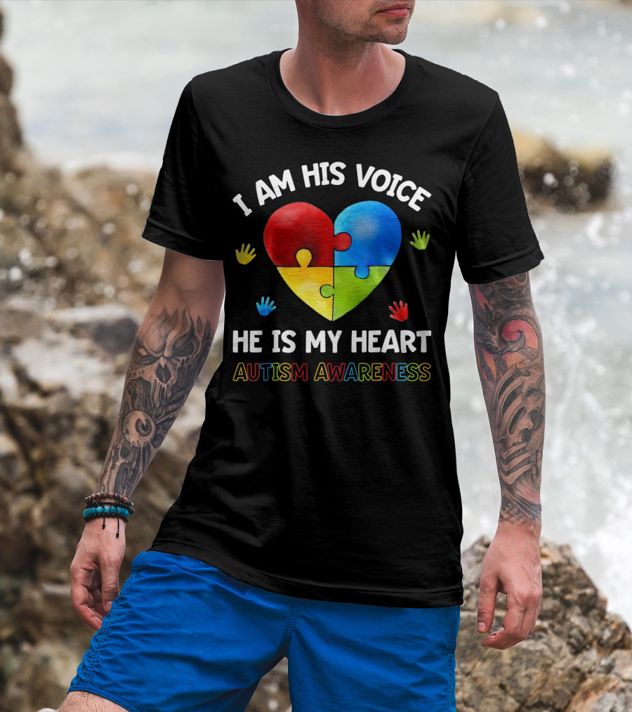I Am His Voice He Is My Heart Autism Awareness Puzzle Heart And Colorful Handprints T-Shirt