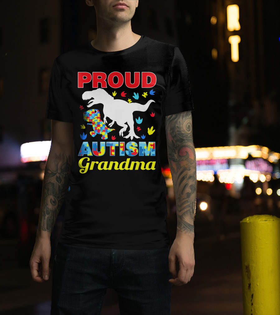 Proud Autism Grandma Dinosaur Puzzle T-Shirt