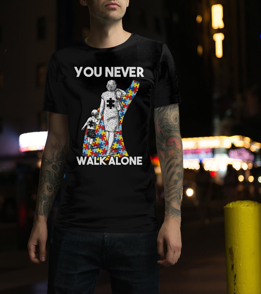 You Never Walk Alone Autism Puzzle Piece Path With Child And Parent T-Shirt