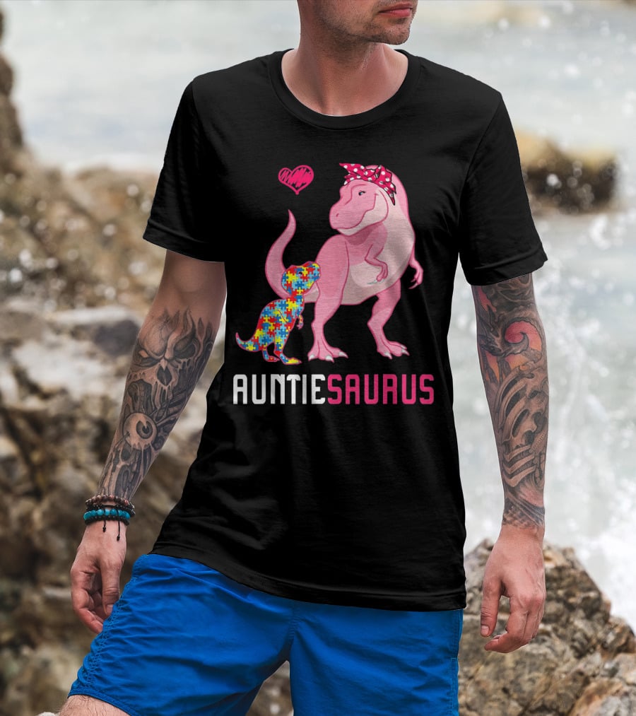 Auntiesaurus Dinosaur Puzzle Piece Heart Autism Awareness T-Shirt