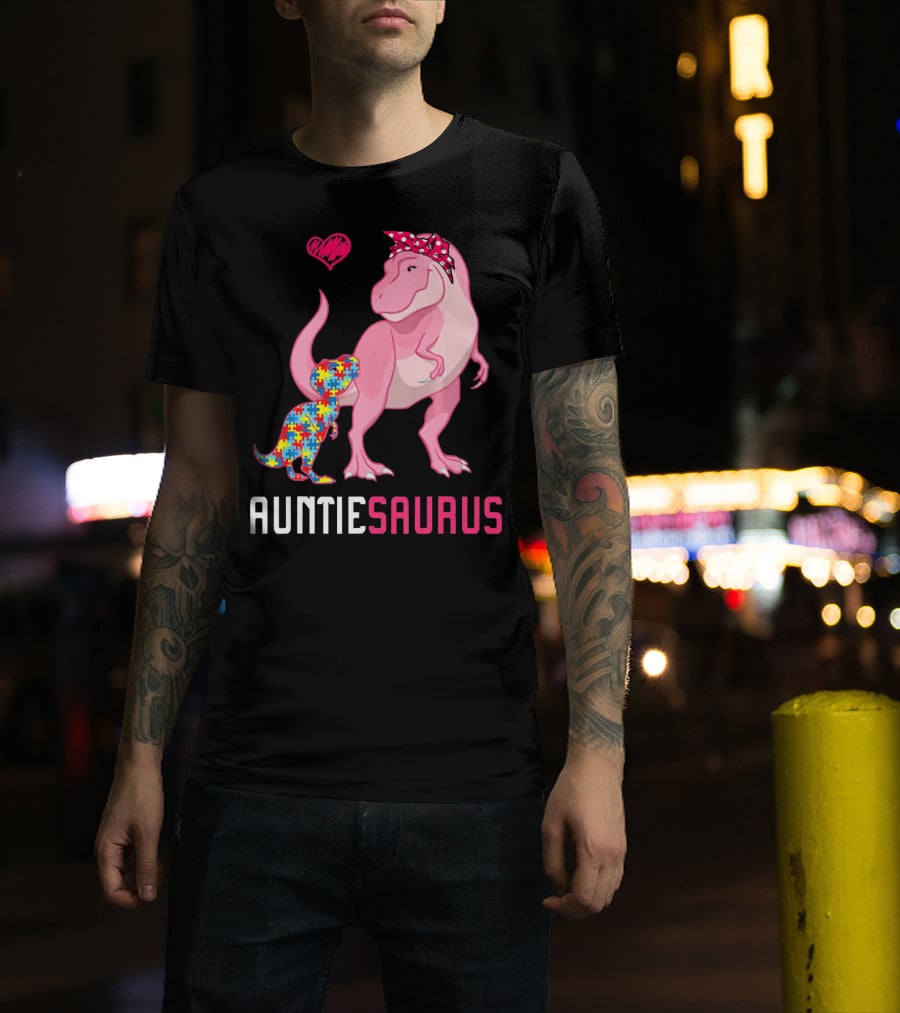 Auntiesaurus Dinosaur Puzzle Piece Heart Autism Awareness T-Shirt