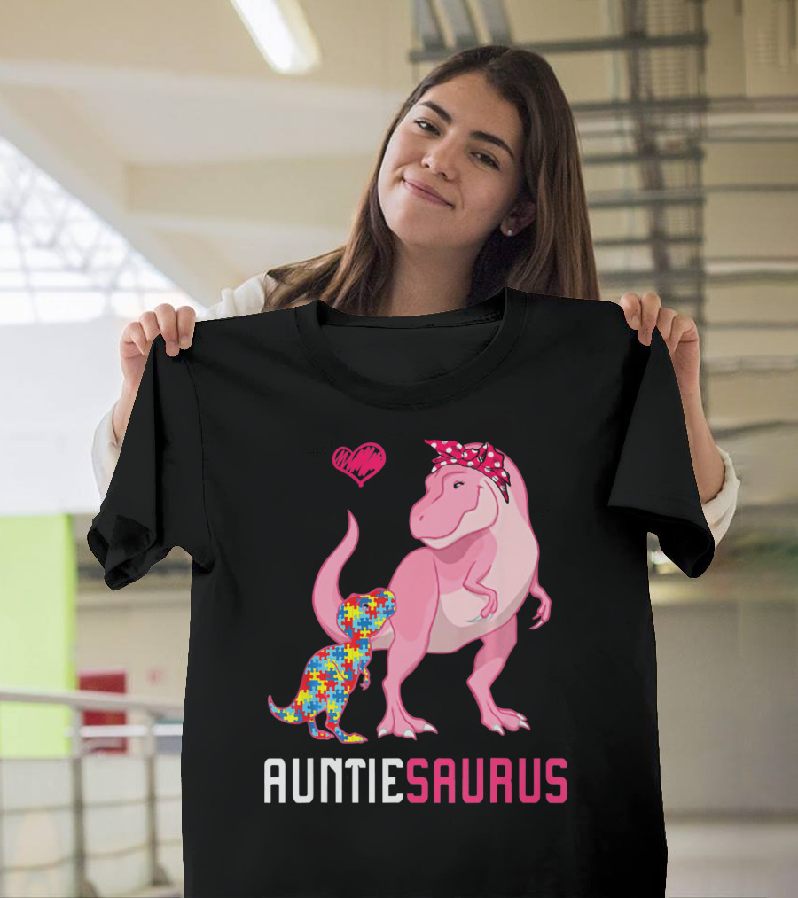 Auntiesaurus Dinosaur Puzzle Piece Heart Autism Awareness T-Shirt
