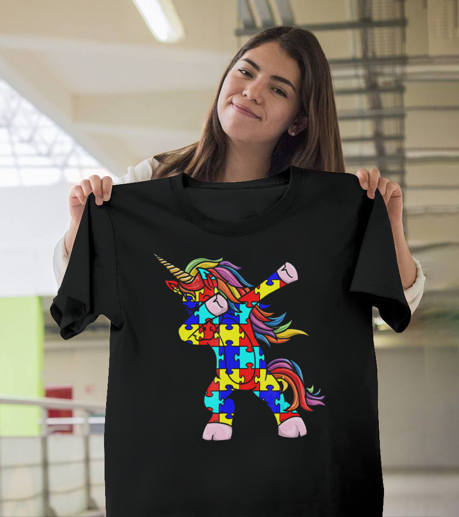 Autism Awareness Unicorn Dabbing Puzzle Pattern Rainbow Mane T-Shirt
