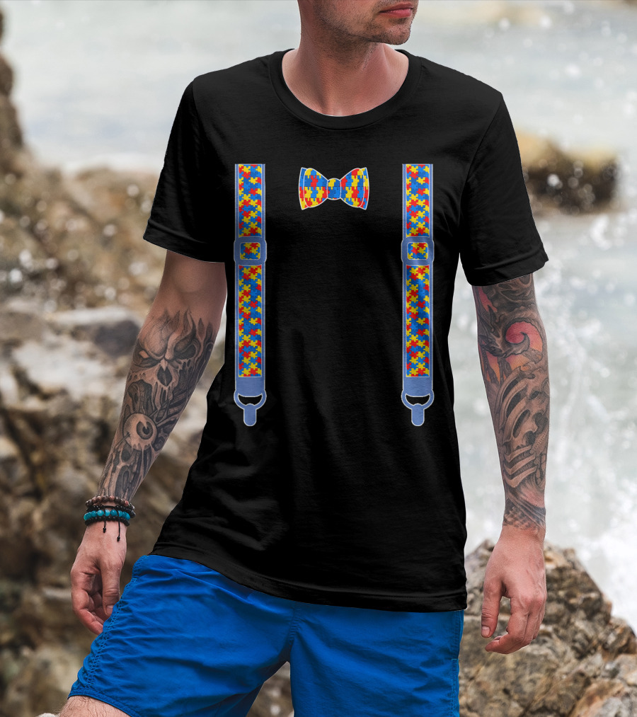 Autism Awareness Puzzle Pattern Bow Tie And Suspenders T-Shirt