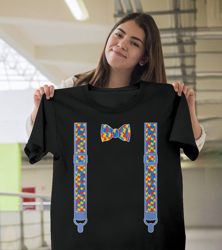 Autism Awareness Puzzle Pattern Bow Tie And Suspenders T-Shirt