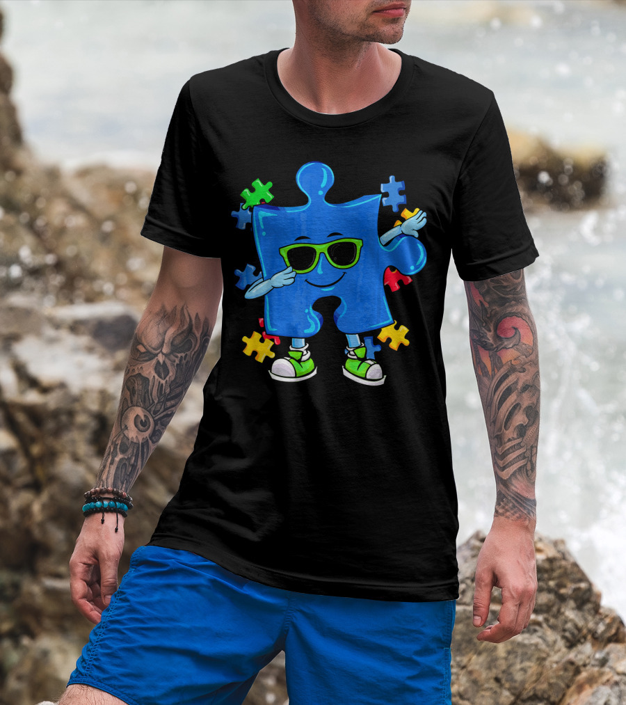 Dabbing Puzzle Piece Cool Sunglasses Autism Awareness T-Shirt