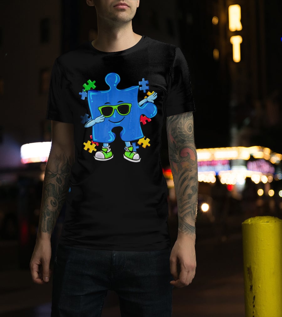 Dabbing Puzzle Piece Cool Sunglasses Autism Awareness T-Shirt