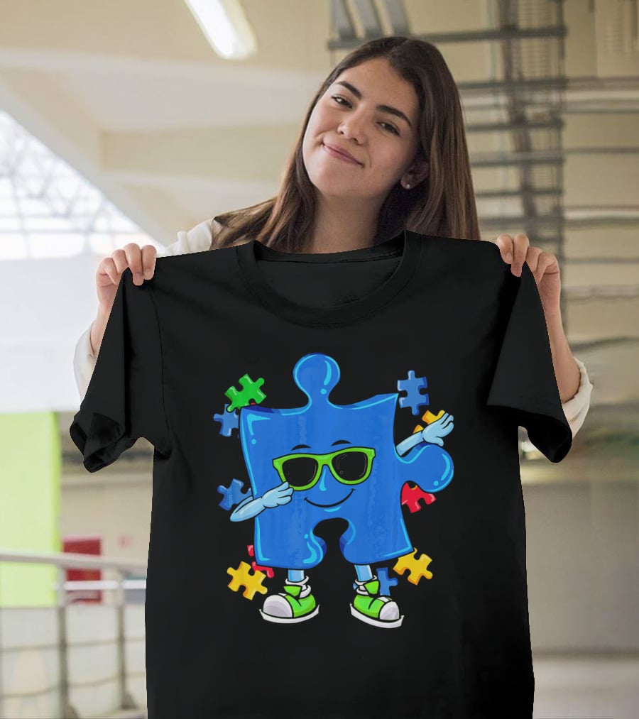 Dabbing Puzzle Piece Cool Sunglasses Autism Awareness T-Shirt