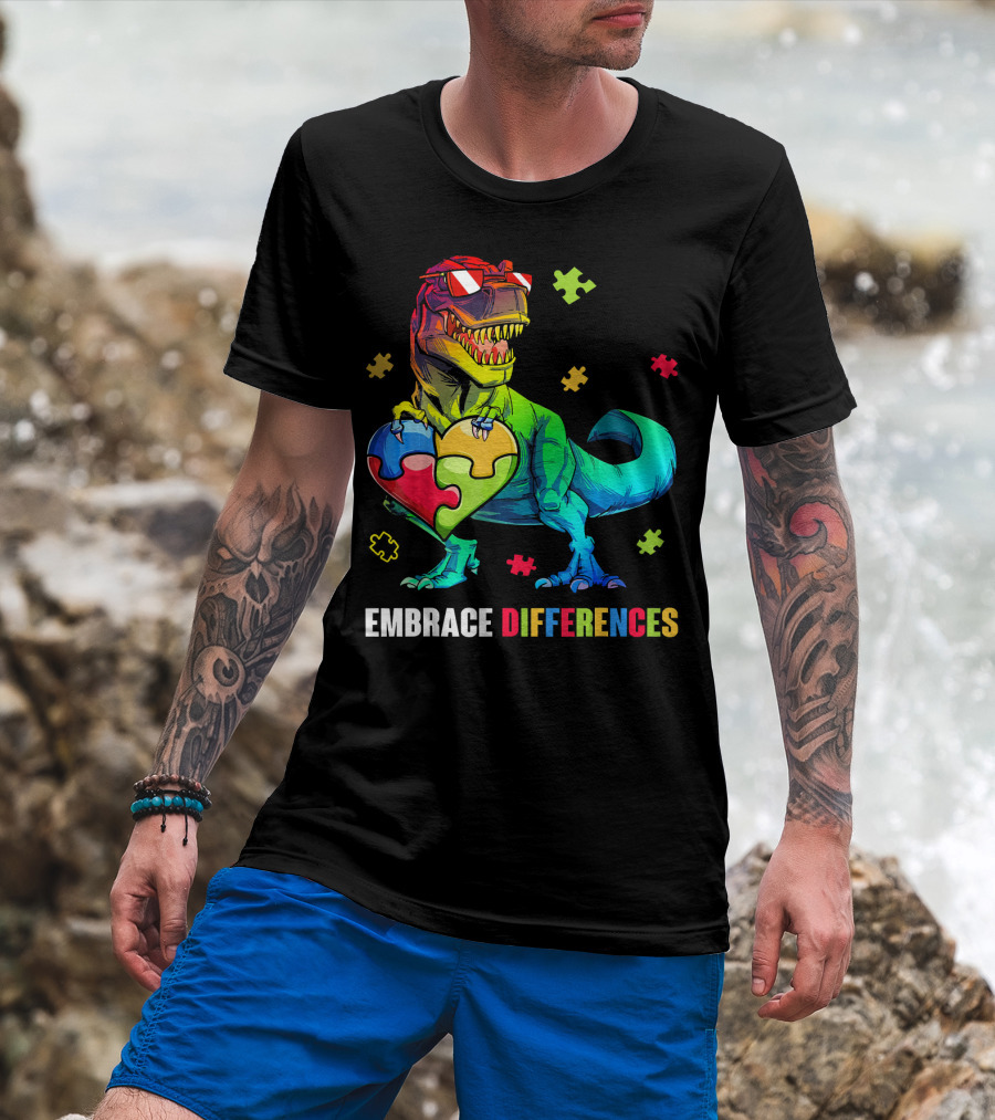 Embrace Differences Dinosaur Holding Heart Puzzle Pieces T-Shirt
