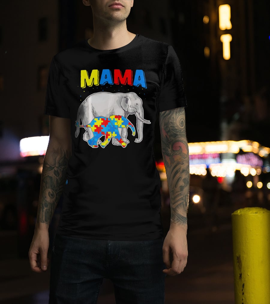 Mama Elephant Puzzle Piece Autism Awareness T-Shirt