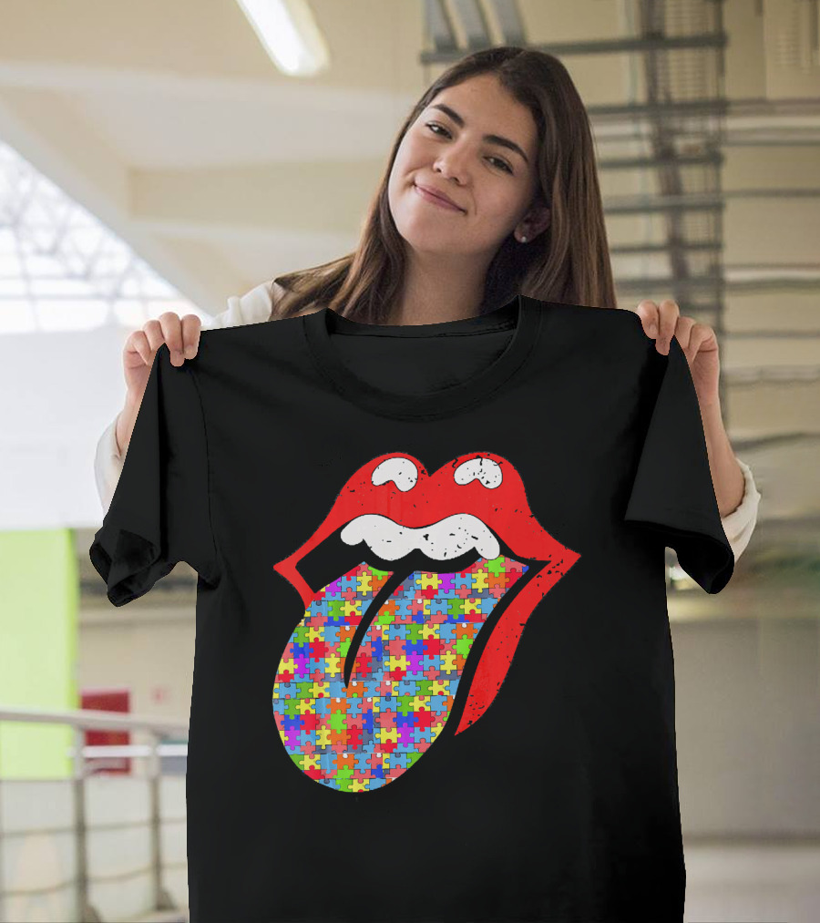 Red Lips Tongue Icon with Colorful Autism Awareness Puzzle Piece T-Shirt