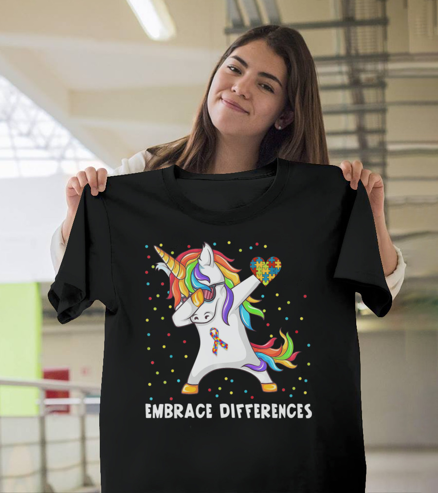 Embrace Differences Rainbow Dabbing Unicorn Puzzle Heart Autism Awareness T-Shirt
