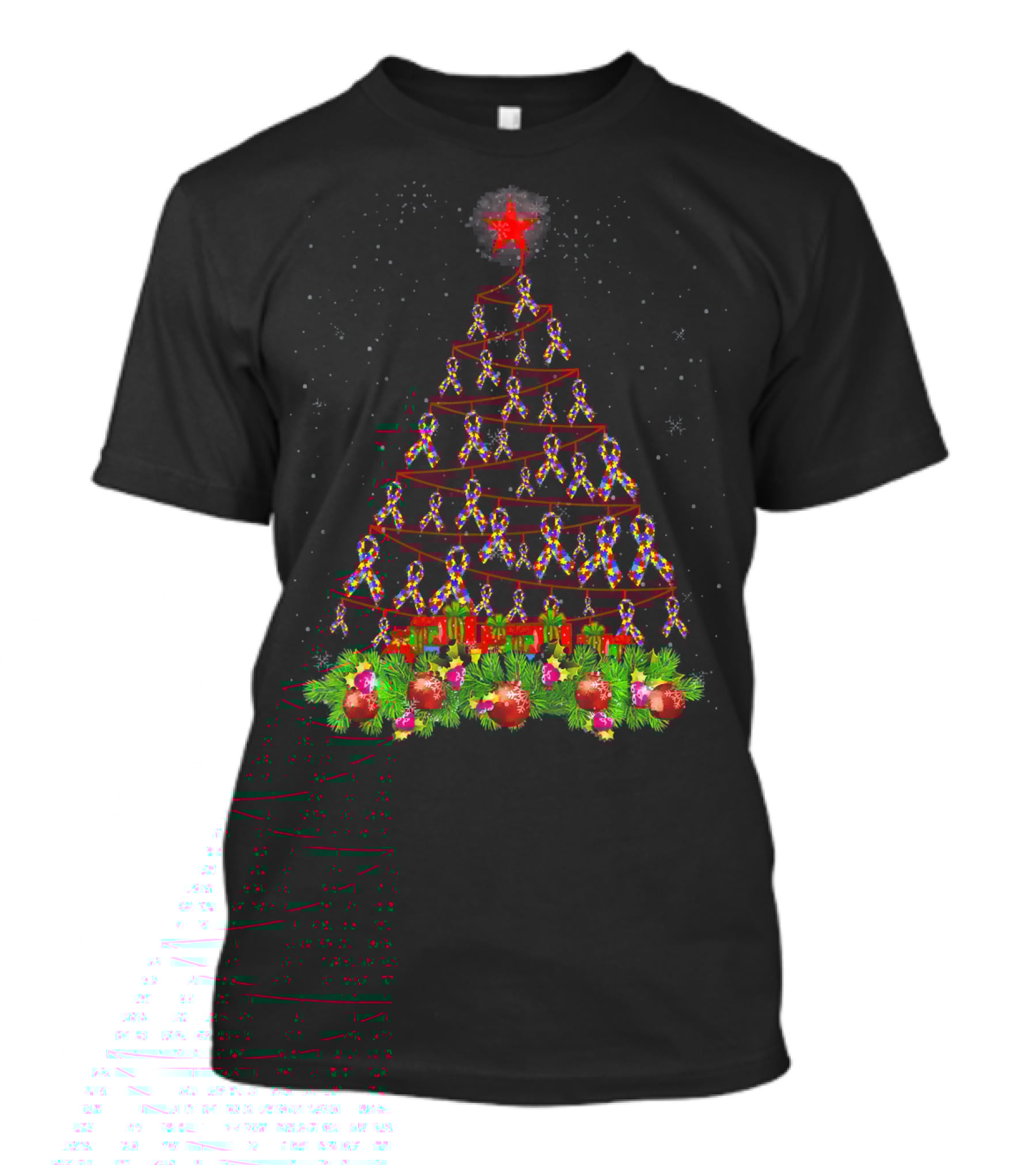 Autism Awareness Ribbon Christmas Tree With Red Star And Ornaments T-Shirt